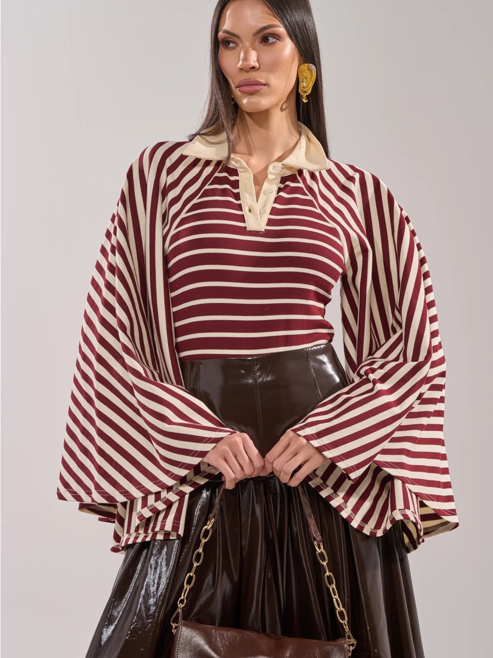 AKIRA Burgundy & Cream Striped Polo Bodysuit